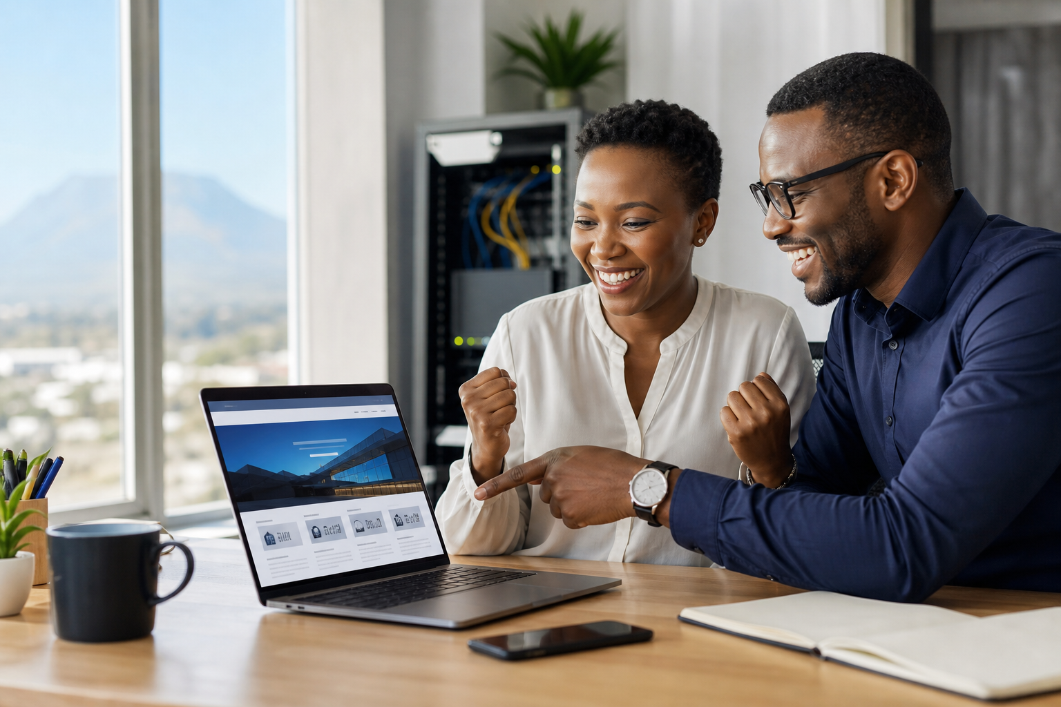 Technology consultant helping a business owner launch a website